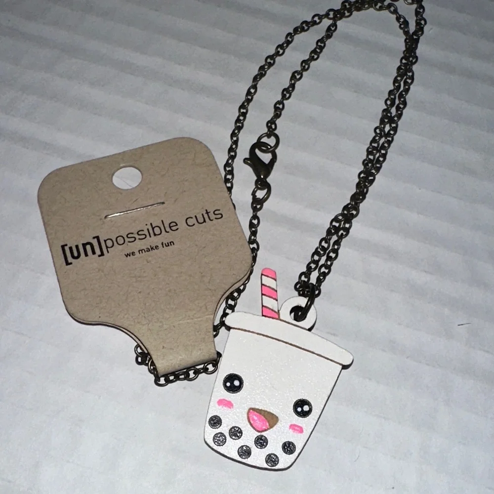 Boba Tea Necklace - White and Pink Hand cut wood
